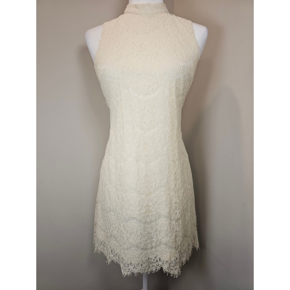 Fashion on Earth Cream Floral Lace Mock Neck Sleeveless Mini Dress Small